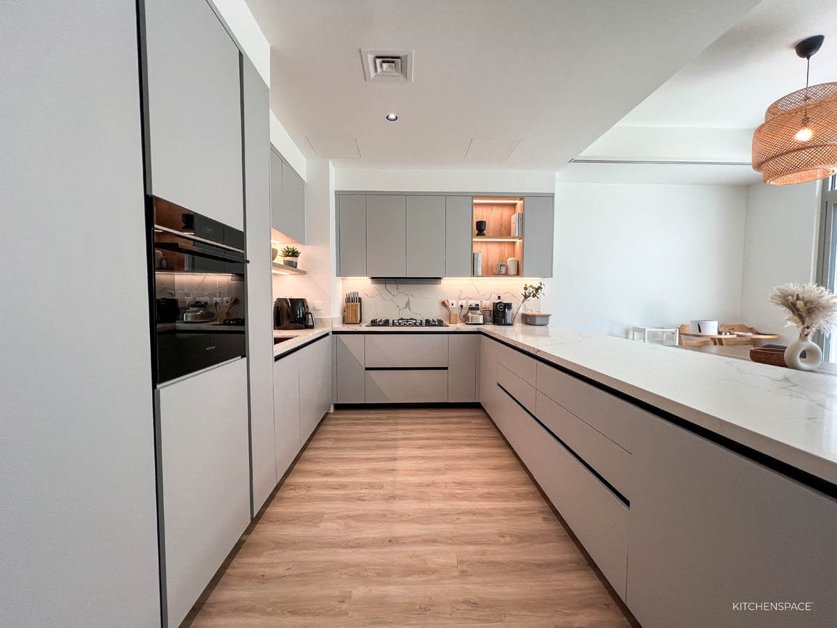 Modern Grey Kitchen  with Waterfall Island
